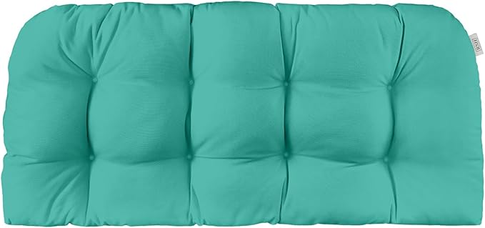 RSH DECOR Sunbrella Tufted Wicker Loveseat Cushion | 44” x 22" | Water and Fade-Resistant Performance Fabric | Outdoor Settee Cushion for Patio Furniture | Made in USA (Canvas Aruba Aqua)