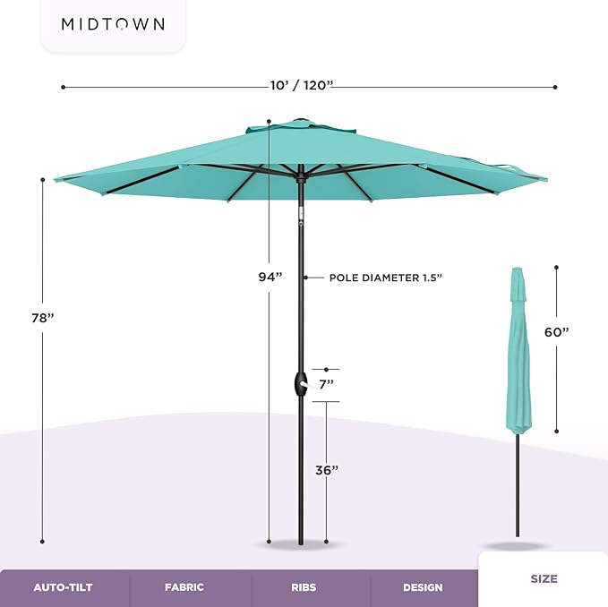 Midtown Umbrellas Sunbrella Umbrella 10 Feet Large Outdoor Umbrella With Sunbrella Red Acrylic Fabric - Auto-Tilt Aluminum Frame Large Patio Umbrella For Backyard, Deck, Garden, Pool - Black Pole