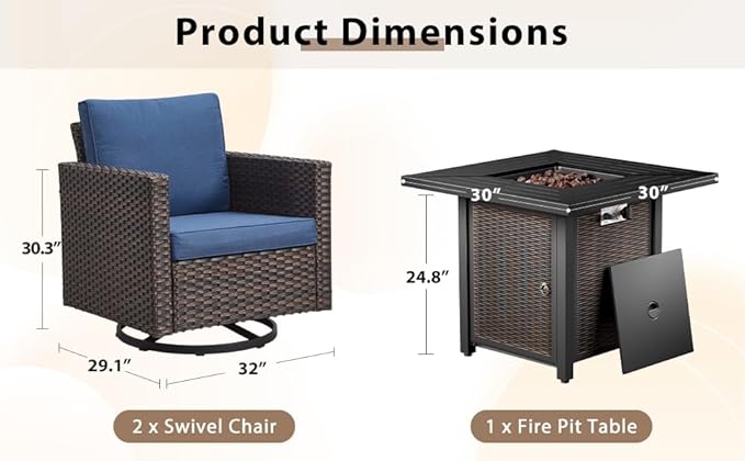 Wicker Outdoor Swivel Chairs Set of 4 with Fire Pit Table, 5 Pieces Patio Furniture Set with Fire Pit Table for Yard, Deck, Garden, Brown/Blue