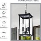 Black Outdoor Pendant Lanern, E12 Candle Chandelier 3-Lights Large Exterior Hanging Light Fixture with Clear Glass Height Adjustable for Indoor Entryway Porch