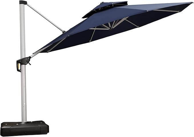 PURPLE LEAF 13 Feet Double Top Round Deluxe Patio Umbrella Offset Hanging Umbrella Outdoor Market Umbrella Garden Umbrella, Navy Blue