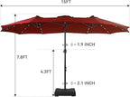 GREEN PARTY 15 ft Rectangle Patio Umbrella with Solar Lights and Base Included, Double-Sided Market Table Umbrella with Crank, Large Outdoor Umbrellas for Patio Poolside Garden Backyard, Burgundy Red