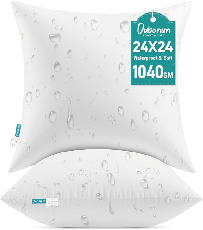 Oubonun 24x24 Waterproof Outdoor Pillow Inserts – Set of 2 Soft & Fluffy, Water Resistant Throw Pillows for Patio, Garden, Porch, or Indoor Decorative