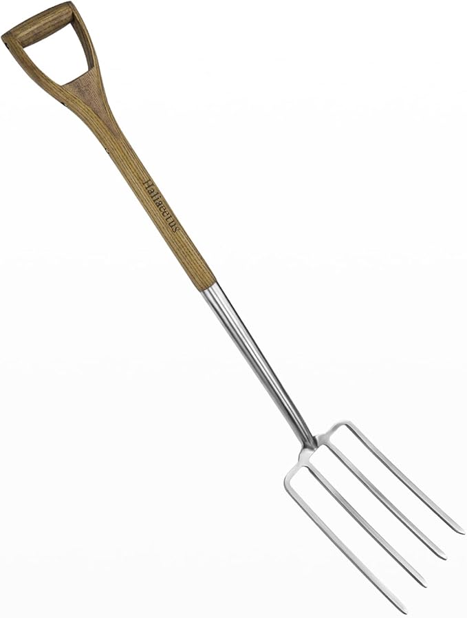 Garden Pitch Fork, 4-Tine Stainless Steel Spading Fork, 43.9'' Digging Fork with Good Leverage for Easy Digging Out Weed, Ergonomic D Handle Garden Fork for Composting, Digging Potatoes Loosening Soil