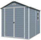 8 x 6 FT Outdoor Storage Shed with Window, Outside Garden Resin Sheds w/Floor and Lockable Doors, Waterproof Plastic Tool House for Backyard, Garden, Patio, Lawn, Bike Accessories, Grey