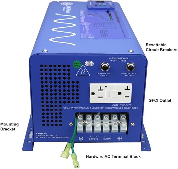 AIMS Power 2000 Watt 12 VDC Pure Sine Inverter Charger 120 VAC Output 70A Charger 30A Transfer Switch PICOGLF20W12V120VR