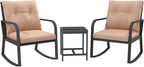Bistro 3 Piece Patio Furniture Set, Patio Table and Rattan Outdoor Rocking Chairs Set of 2, Outdoor Bistro Conversation Set for Garden, Balcony, Poolside, Backyard, Khaki