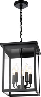 5 Lights Outdoor Pendant Light, Black Outside Chandelier, Exterior Hanging Fixture, Ceiling Mount with Clear Glass Shade Hanging Lantern Light Adjustable Pendant Light for Outdoor Hallway