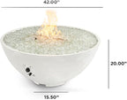 Outdoor GreatRoom Co Propane Fire Pit Table - Cove Gas Fire Pits for Outside Patio - 42 Inch Round Edge Bowl Concrete Firepit Fire Table, Glass Tabletop Cover, Clear Glass Gems, 105,000 BTU - White