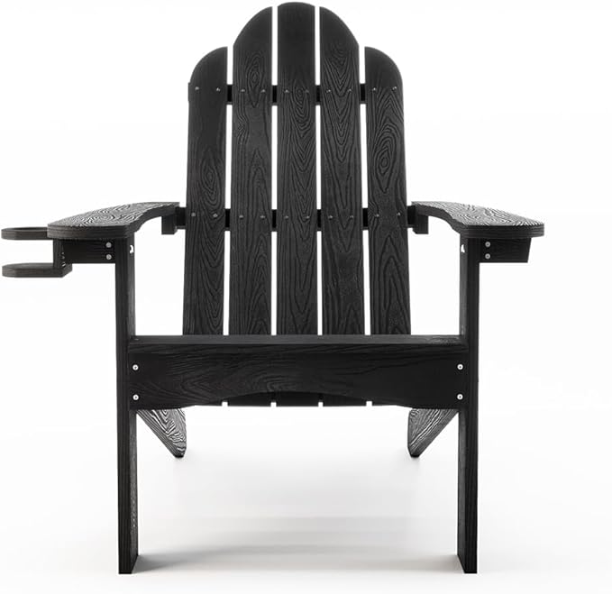 LUE BONA HDPS Adirondack Chairs Set of 4, Fire Pit Outdoor Chair Weather Resistant with Cup Holder, Modern Plastic Chair Plastic for Patio, Deck, Proch, Hotel, Resort, 350LBS, Black