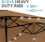 GREEN PARTY 15 ft Rectangle Patio Umbrella with Solar Lights and Base Included, Double-Sided Market Table Umbrella with Crank, Large Outdoor Umbrellas for Patio Poolside Garden Backyard, Tawny