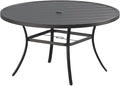 VICLLAX Outdoor Patio Round Dining Table, 60"x 60" Metal Slatted Round Tabletop with Adjustable Umbrella Hole for Deck Lawn Garden Backyard, Black