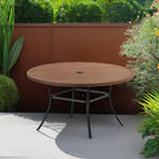 VICLLAX Outdoor Patio Round Dining Table, 53"x 53" Metal Slatted Round Tabletop with Adjustable Umbrella Hole for Deck Lawn Garden Backyard, Walnut