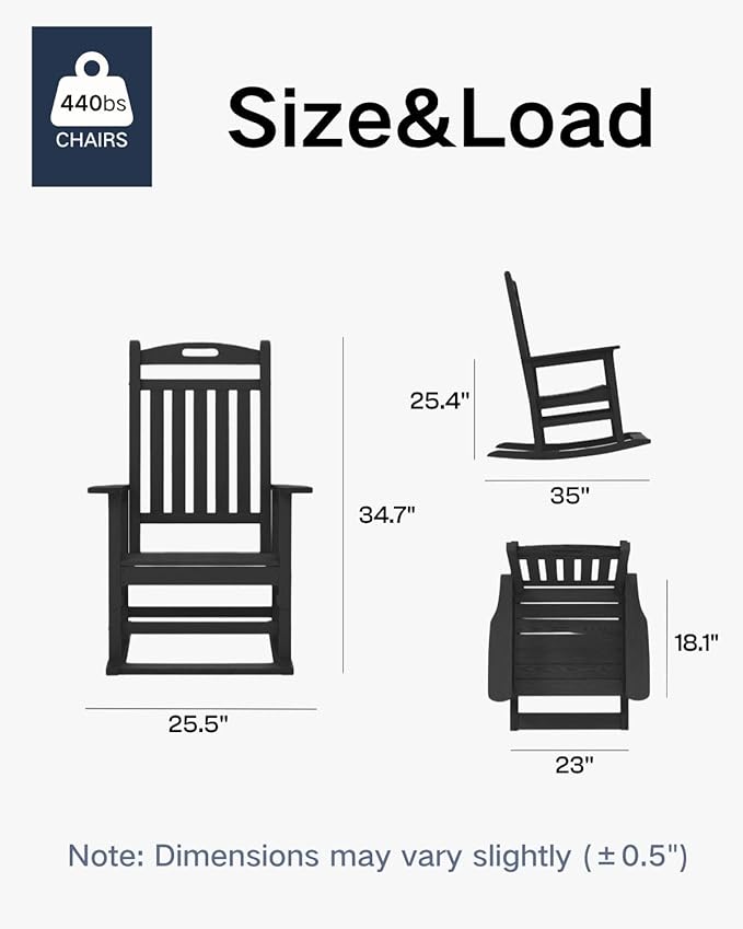 Kingdura Outdoor Rocking Chairs Set of 2, HDPE Plastic Patio Rocking Chair All-Weather Oversized Porch Rocker with High Back for Patio Outside Backyard Balcony (Black)