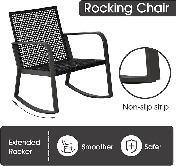 Bistro 3 Piece Patio Furniture Set, Patio Table and Rattan Outdoor Rocking Chairs Set of 2, Outdoor Bistro Conversation Set for, Garden, Balcony, Poolside, Backyard, Beige
