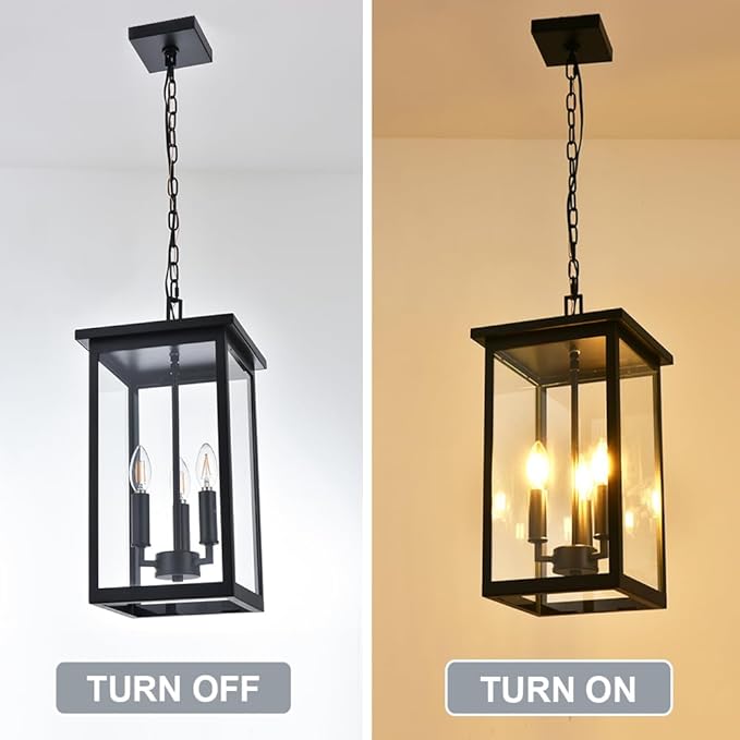 Black Outdoor Pendant Lanern, E12 Candle Chandelier 3-Lights Large Exterior Hanging Light Fixture with Clear Glass Height Adjustable for Indoor Entryway Porch