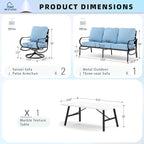 MFSTUDIO 4 Pieces Patio Conversation Sets(5 Seat), Outdoor Metal Furniture Sofa Set with 1 Loveseat(3 Seat), 2 Swivel Chairs, 1 Coffee Table, Steel Frame Patio Sets with Blue Cushion for Garden