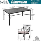 PHI VILLA 7 Piece Outdoor Dining Set for 6, 64" Metal Steel Dining Table with Umbrella Hole & Cushioned Iron Chairs for Patio, Yard, Porch, Deck