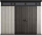 Keter Artisan 9x7 Foot Large Outdoor Shed with Floor with Modern Design for Patio Furniture, Lawn Mower, Tools, and Bike Storage, feet, Grey/Black