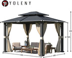 YOLENY 10'x12' Gazebo with Galvanized Steel Roof, Hardtop Double Roof with Anti-Rust Coating, Outdoor Gazebos with Curtains and Netting, Sunshade for Gardens, Lawns, Deck