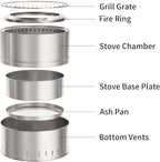 15.5 inch Stainless Steel Smokeless Fire Pit with Grill, Outdoor Smokeless Firepit, Wood Burning Fire Pits for Camping, Bonfire, Low Smoke Firepit for Outside (Vertical Hole)