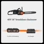 Worx Nitro 40V 16" Cordless Brushless Chainsaw 4.0 Ah Battery and Charger Included WG385