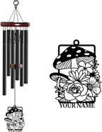 Personalized Customize Name Fantasy Mushroom Wonderland Wind Chime, Metal Iron 37 Inch Outdoor Memorial Gift for Garden Yard Patio Home Decor, Black (Style H)
