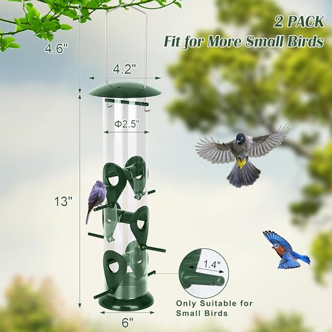 FEED GARDEN Metal Tube Bird Feeders for Outdoors Hanging, 6-Port Bird Feeder for Outside, Finch Feeders for Outside, Squirrel Proof Bird Feeders with Heavy Duty Metal Lid, Chew-Proof, 13 Inch Green
