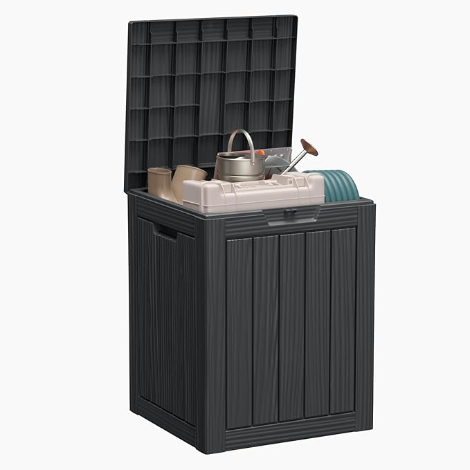 Vixzen 28 Gallon Outdoor Deck Box,Lockable Resin Waterproof Storage Box,UV Resistant,Weather Resistance,Outside Storage Bin for Gardening Tools,Pool Supplies,Black