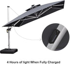 PURPLE LEAF 11 Feet Solar Powered LED Square Cantilever Umbrella With Base Patio Umbrella Windproof Hanging Umbrella Outdoor Umbrella Offset Umbrella, Grey