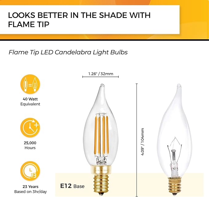 Hizashi LED Candelabra Bulbs 40 watt Equivalent, 90+ CRI Dimmable E12 LED Bulb Flame Tip Candle Bulbs, 4W 450LM 2700K Soft Warm White, CA10 Chandelier Bulbs Candelabra Base, UL Listed - 6 Pack