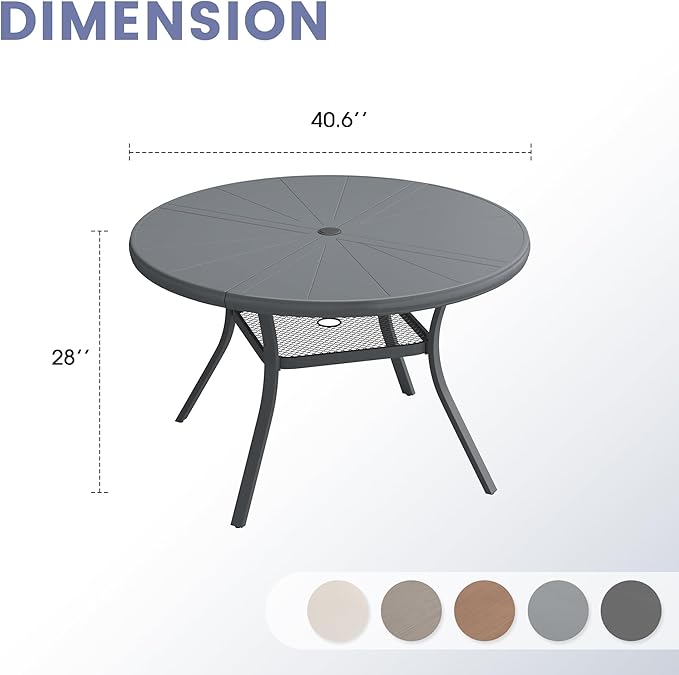 VICLLAX Outdoor Patio Round Dining Table, 40.6"x 40.6" Aluminum Tabletop with Storage Shelf for Deck Lawn Garden Backyard, Dark Grey