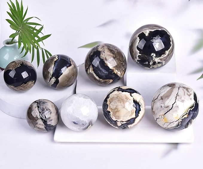 JIC Gem 3.1-3.5 inch(80-90mm) Large Volcanic Agate Crystal Sphere Quartz Crystal Ball with Stand Healing Ornament Witchcraft Meditation Decor