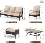 MFSTUDIO 6 PCS Outdoor Patio Furniture Set, Metal Outdoor Conversation Set, Rattan Wicker Patio Sectional Sofa Set with 2 x Fixed Single Sofa, 3-Seat Sofa, 2 x Ottoman, 1 x Coffee Table, Beige