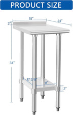 HARDURA Stainless Steel Commercial Work Table Prep Work Metal Table 24×15 Inches with Undershelf and 2" Backsplash Heavy Duty NSF 430 for Kitchen Food Prep