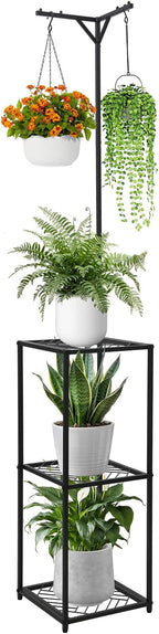 3-Tier Hanging Plant Stand Indoor Outdoor - 67" Tall Corner Shelf for 5 Potted Flowers,Square Planter Holder Metal Display Rack for Living Room, Balcony, Garden,Space-Saving Standing Plant Hanger