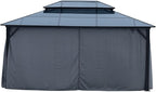 KEIKI 12 * 16FT Permanent Hardtop Gazebo with Netting and Curtains, Double Roof Waterproof Pergola Sunshade Pavilion for Outdoor Patio Lawn Backyard and Garden, Aluminum Frame Polycarbonate Canopy