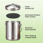 1.3 Gallon 5L Stainless Steel Compost Bin Countertop Compost Bucket Under Sink Kitchen Trash Can Composting Bucket Garbage Bin Poubelle Cuisine with Lid Charcoal Filter Indoor Silver
