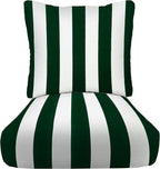 RSH DECOR: Deep Seating Cushion with Pillow Back | 24” x 27” Seat | All-Weather Spun Fabric | Water and Fade-Resistant | Outdoor Chair Cushion Set for Patio Furniture | Hunter Green & White Stripe
