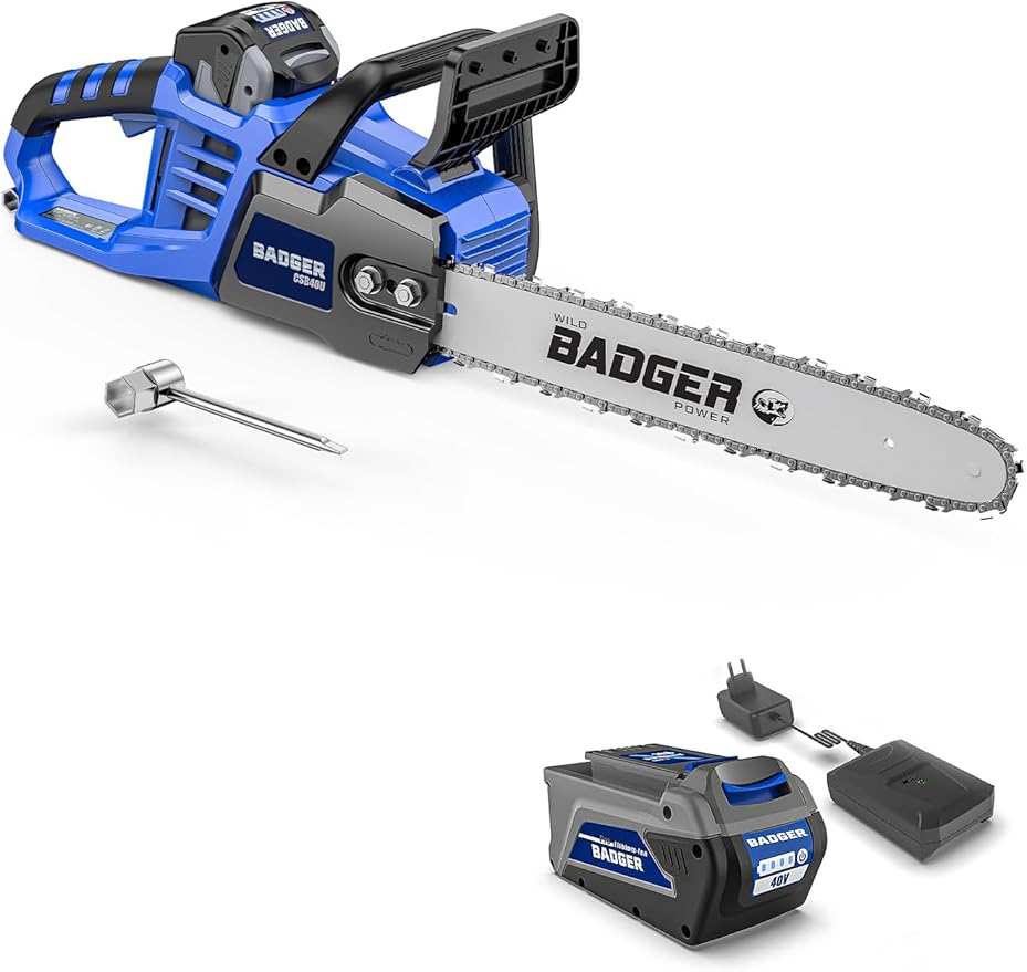 WILD BADGER POWER Electric Chainsaw Cordless 40V 16" Brushless, 4.0 Ah Battery and Charger, Smart Cut technology, Efficient cutting, Safe and Reliable, Great for Tree Felling, Storm Clean-Up, Pruning