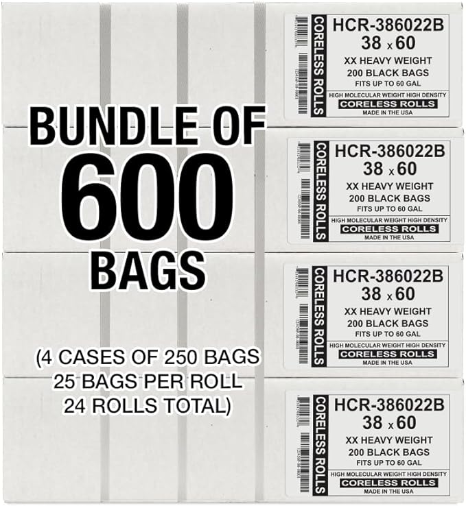 Aluf Plastics High Density Trash Bags, 60 Gallon, 600 Count, 22 Micron (eq), 38" x 60", Black, for Bathroom, Office, Industrial, Commercial, Janitorial, Municipal, Recycling