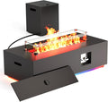 42" Outdoor Fire Pit Table, 50,000 BTU Gas Fire Pit with Glass Wind Guard, Fire Stones, Waterproof Cover, Propane Fire Pit Table for Outside Patio (RGB Light, Black)