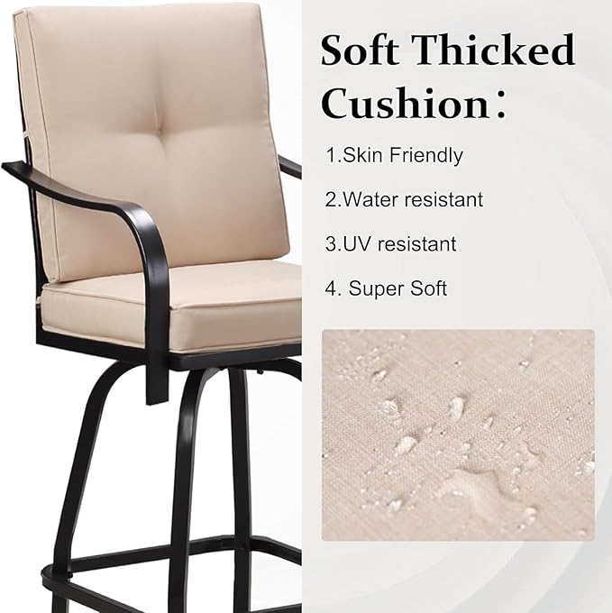 Patio Swivel Bar Stools, Outdoor High Back Swivel Bar Chair Set of 4 with Cushion & All Weather Steel Frame for Backyard, Lawn, Poolside and Balcony, Beige