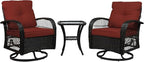 Patio Furniture Set Swivel Rocker, Outdoor Patio Chairs, 3 Piece Suit Porch Furniture Rocking Set, Backyard Rocker Rattan Chair, with Thickened Cushions and Glass Coffee Table(Wine Red)