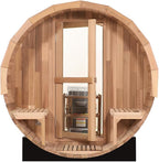 Fully Customize Barrel Sauna 4-8 Person, Hybrid Heating Option, Canadian Red Cedar, Glass Window Option, Scenic Porch, Wood Burning Stove,Harvia Heaters, Infrared Sauna,Red Light Therapy Device