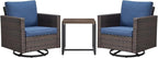 Rilyson Outdoor Patio Swivel Rocker Chairs - 3 Piece Wicker Patio Furniture Bistro Swivel Rocking Chairs Set with Comfortable Cushions,Sturdy Metal Frame and Side Table for Porch Deck(Brown/Blue)