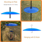 13" Glass Rain Cover for Bird Feeder Outdoors - Baffle on Shepherd Pole/Post or S Hook Hanging - Large Weather Guard Protective Dome - Dia. 33CM (1, Blue)