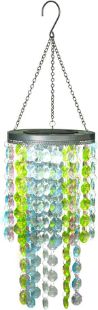 Hanging Solar Crystal Chandelier Outdoor, 21” Modern Solar Multicolor Acrylic Beaded Lantern with Cool White LED S Hooks for Garden Yard Patio Gazebo Outside Decor