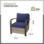 COOS BAY Aurora Terrace Outdoor Chairs with Cushions, Wicker Dining Set with Deep 4-Inch Seating, Modern Curved Armrest Porch Chairs, Set of 1, Beige/Blue