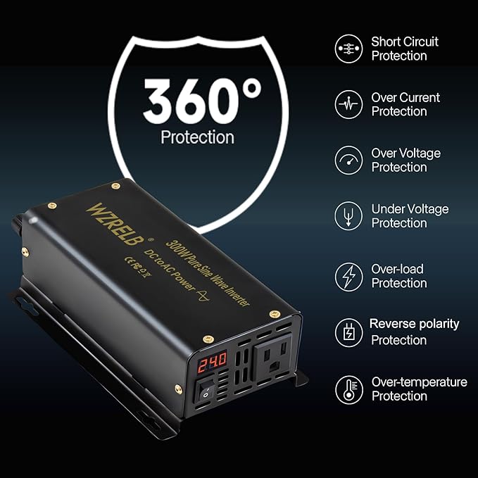 WZRELB 300W Pure Sine Wave Power Inverter 600W Peak DC 24V to 110V AC Car Adapter Off Grid with LED Display